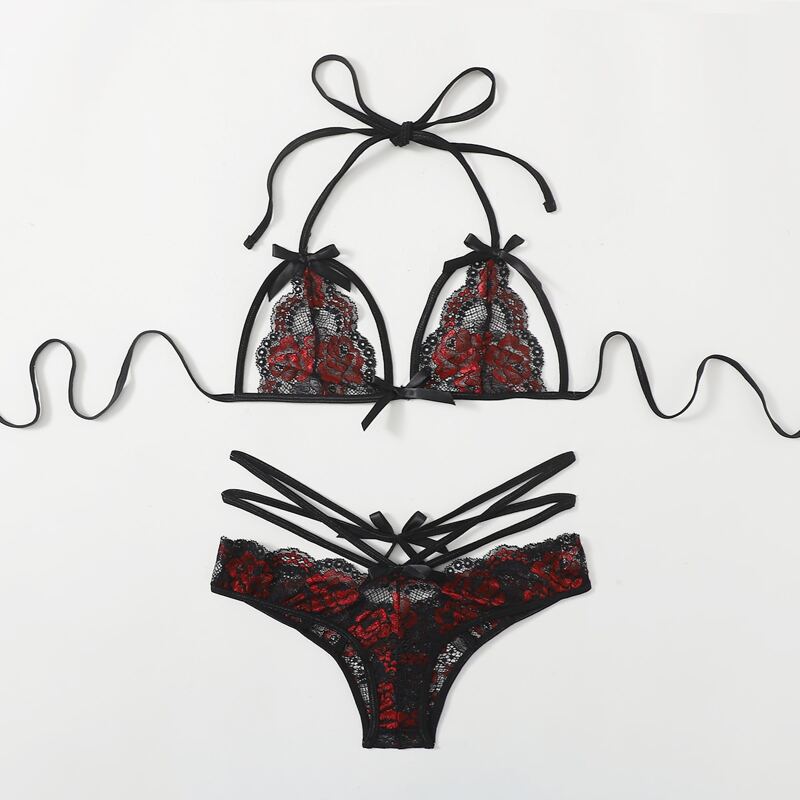 

Floral Lace Bow Decor Cut-out Lingerie Set, Multicolor