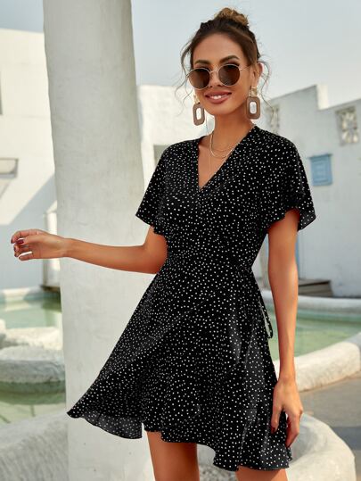 SHEIN Holidaya Polka Dot Knot Side Wrap A-line Dress