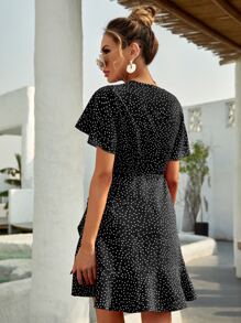 SHEIN Holidaya Polka Dot Knot Side Wrap A-line Dress - Black - View 2