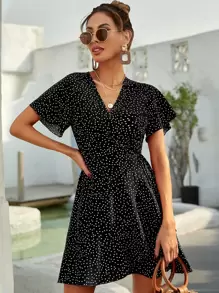 SHEIN Holidaya Polka Dot Knot Side Wrap A-line Dress - Black - View 5