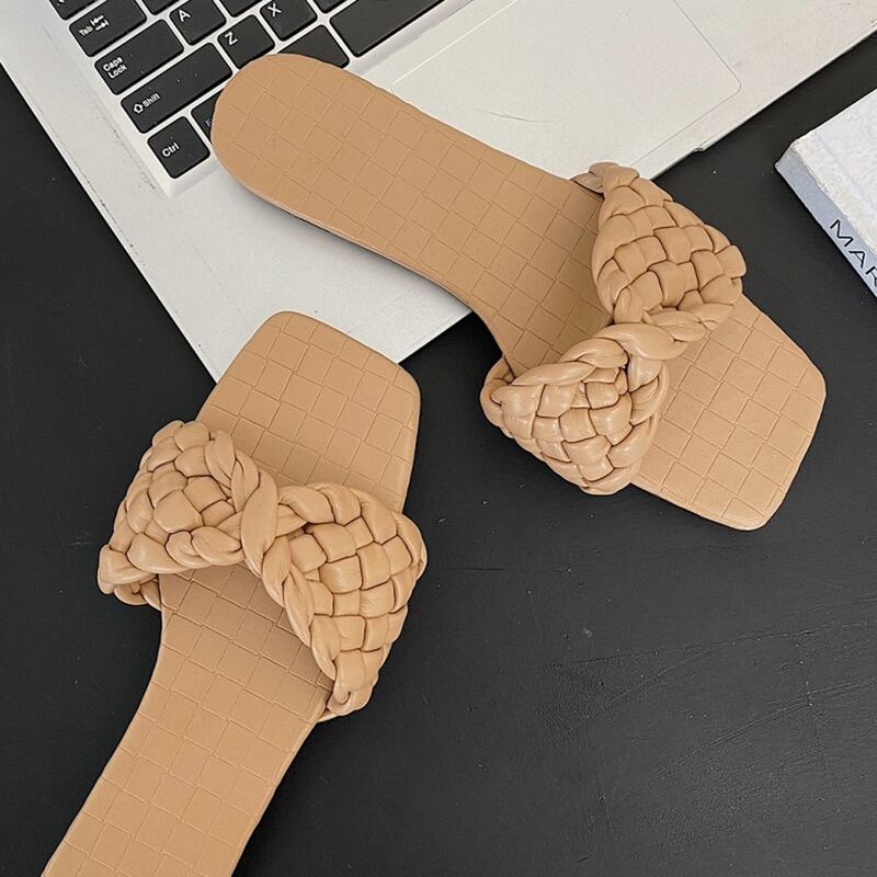

Braided Bow Slide Sandals, Apricot