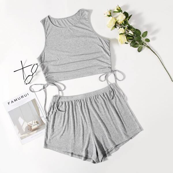 

Plus Drawstring Side Solid Pajama Set, Grey