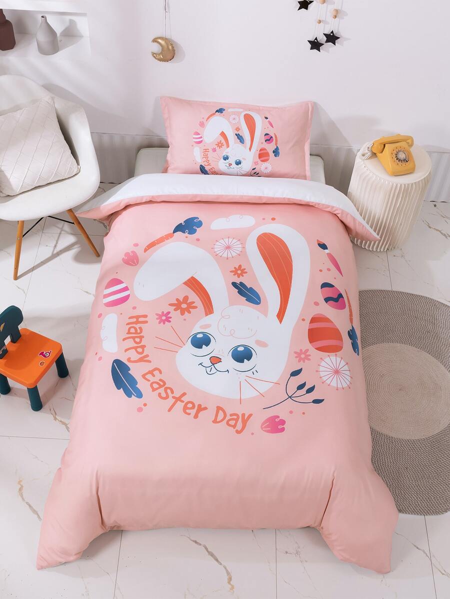 Rabbit Print Easter Kids Duvet Cover Set Without Filler - Pink - View 1