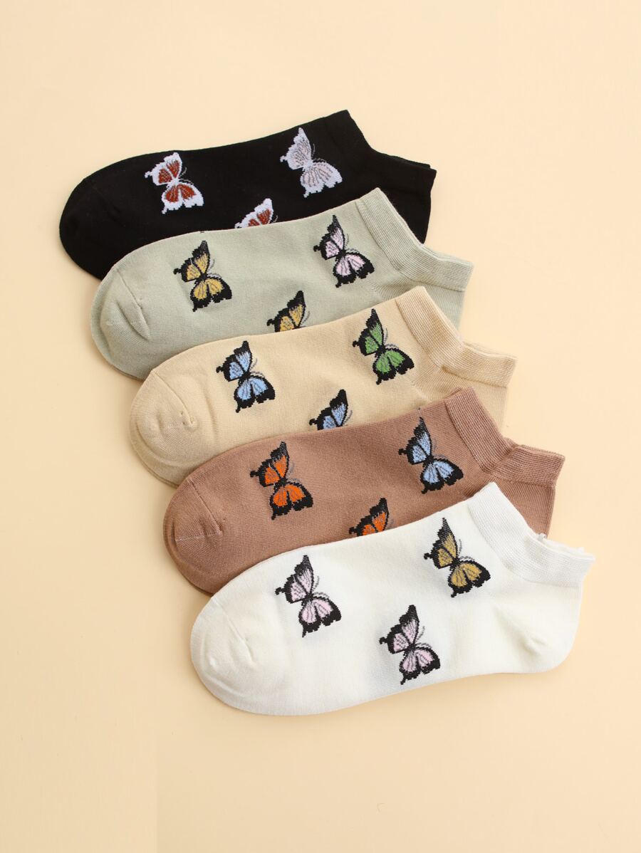 5双女士蝴蝶图案船袜，春夏季 - 彩色 - 查看 1