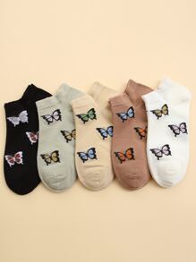 5双女士蝴蝶图案船袜，春夏季 - 彩色 - 查看 2