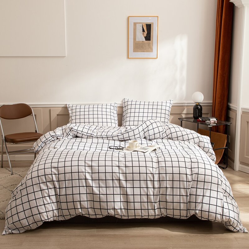 

Plaid Pattern Duvet Cover Set Without Filler, White