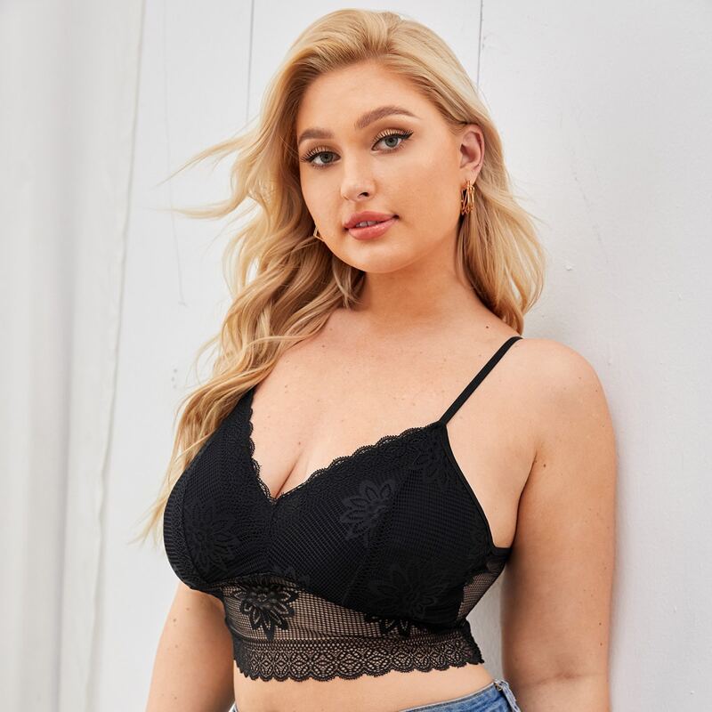 

Plus Floral Lace Longline Bralette, Black