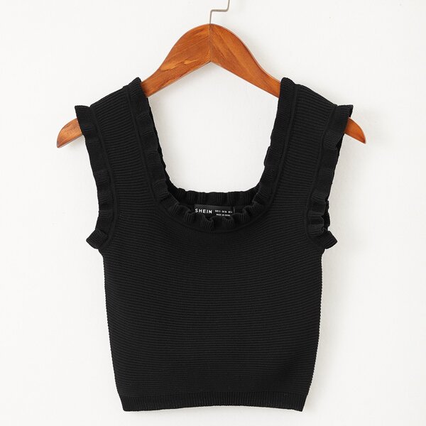 

Solid Frill Trim Crop Knit Top, Black