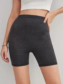 SHEIN EZwear 彈性腰素色機車短褲 - 黑色 - 查看 3