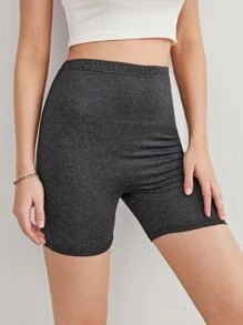 SHEIN EZwear 彈性腰素色機車短褲 - 黑色 - 查看 4