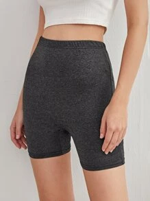 SHEIN EZwear 彈性腰素色機車短褲 - 黑色 - 查看 5