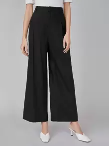 SHEIN Pantalones de lino de pierna ancha - Negro - Ver 1