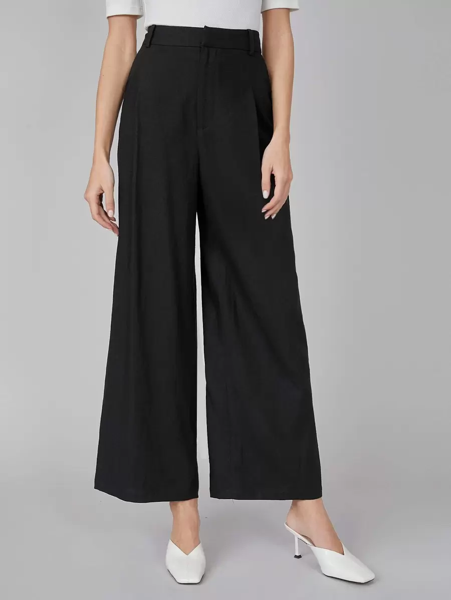 SHEIN Pantalones de lino de pierna ancha - Negro - Ver 1