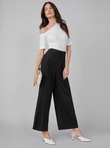 SHEIN Pantalones de lino de pierna ancha - Negro - Ver 3