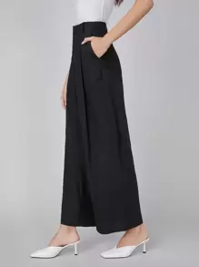 SHEIN Pantalones de lino de pierna ancha - Negro - Ver 4