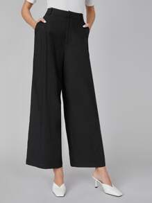 SHEIN Pantalones de lino de pierna ancha - Negro - Ver 6