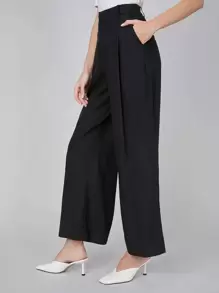 SHEIN Pantalones de lino de pierna ancha - Negro - Ver 7