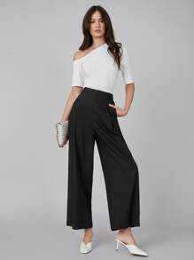 SHEIN Pantalones de lino de pierna ancha - Negro - Ver 8