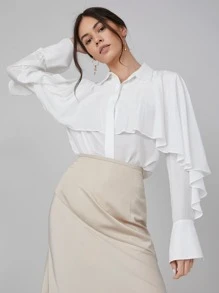 SHEIN 人棉荷葉邊長款襯衫 - 白色 - 查看 1