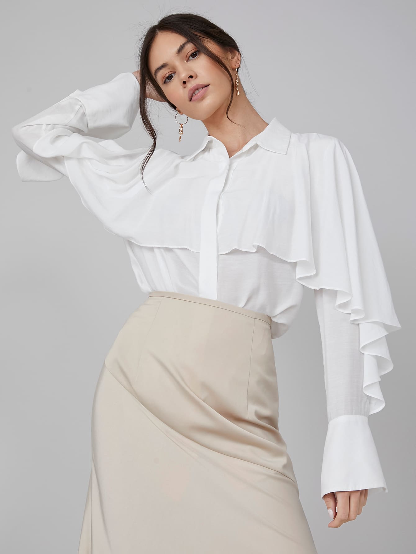 SHEIN 人棉荷葉邊長款襯衫 - 白色 - 查看 1