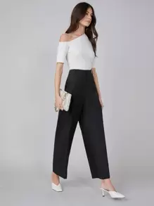 SHEIN Pantalones de lino de pierna ancha - Negro - Ver 9