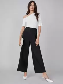 SHEIN Pantalones de lino de pierna ancha - Negro - Ver 10