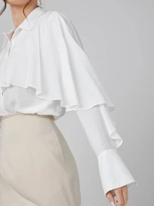 SHEIN 人棉荷葉邊長款襯衫 - 白色 - 查看 3