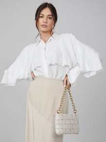 SHEIN 人棉荷葉邊長款襯衫 - 白色 - 查看 4