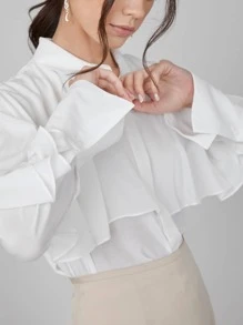 SHEIN 人棉荷葉邊長款襯衫 - 白色 - 查看 5