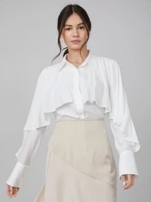 SHEIN 人棉荷葉邊長款襯衫 - 白色 - 查看 7
