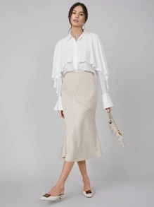 SHEIN 人棉荷葉邊長款襯衫 - 白色 - 查看 8