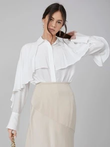 SHEIN 人棉荷葉邊長款襯衫 - 白色 - 查看 9