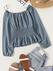 SHEIN LUNE Shirred Waisted Frill Trim Peplum Blouse - Dusty Blue - View 1