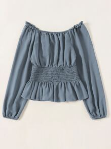 SHEIN LUNE Shirred Waisted Frill Trim Peplum Blouse - Dusty Blue - View 2