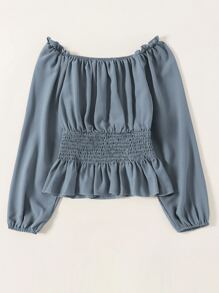 SHEIN LUNE Shirred Waisted Frill Trim Peplum Blouse - Dusty Blue - View 3