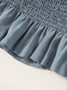 SHEIN LUNE Shirred Waisted Frill Trim Peplum Blouse - Dusty Blue - View 5