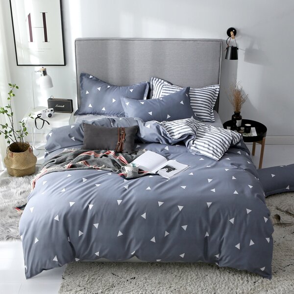 

Triangle Print Duvet Cover Set Without Filler, Blue