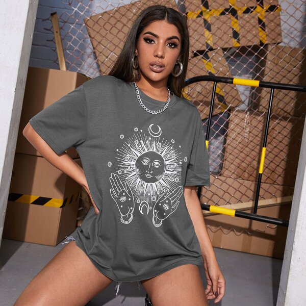 

Sun & Hands Print Oversized Tee, Dark grey