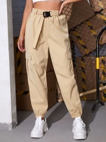 SHEIN Unity Flap Pocket Belted Cargo Trousers - Khaki - View 1