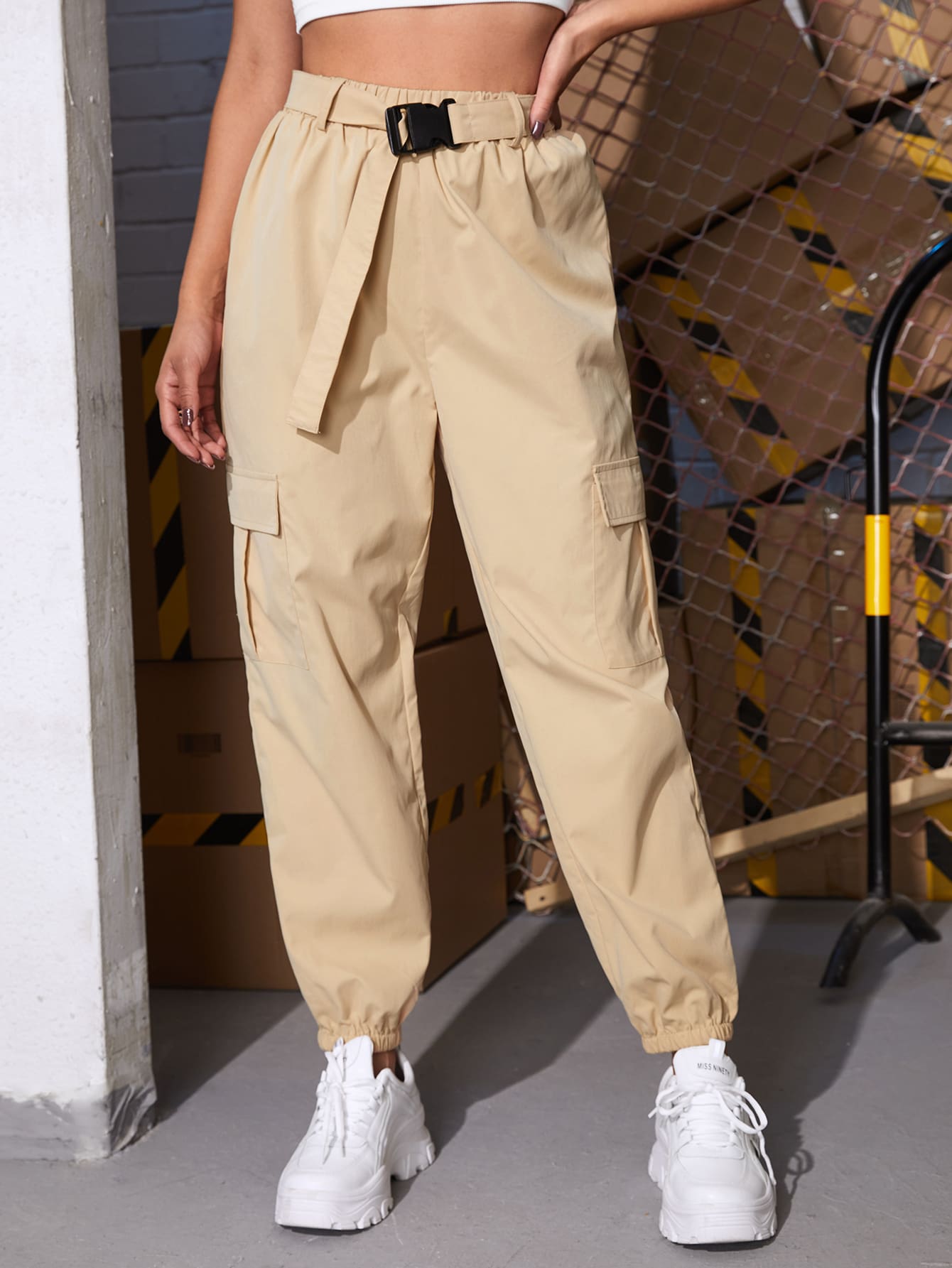 SHEIN Unity Flap Pocket Belted Cargo Trousers - Khaki - View 1