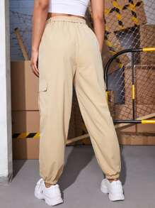 SHEIN Unity Flap Pocket Belted Cargo Trousers - Khaki - View 2