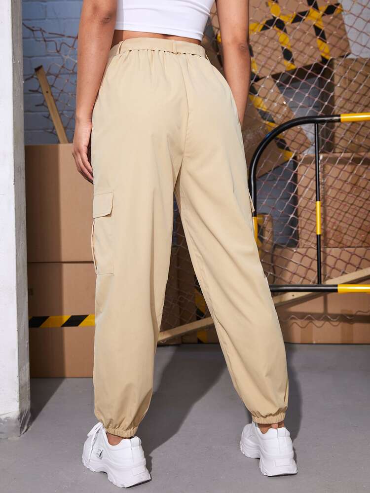 SHEIN Unity 翻蓋口袋腰帶工裝褲子 - 卡其色 - 查看 2