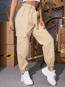 SHEIN Unity Flap Pocket Belted Cargo Trousers - Khaki - View 4