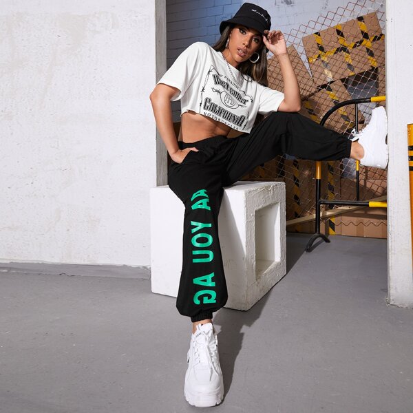 

Letter Graphic Elastic Waist Sweatpants, Black