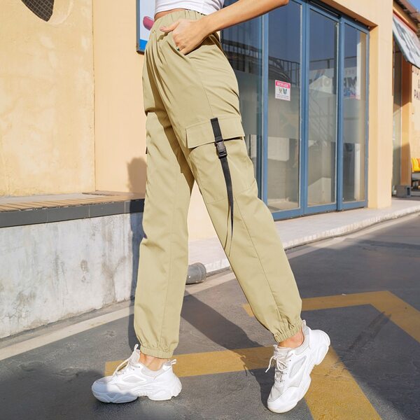 

Flap Pockets Buckle Tape Cargo Pants, Khaki