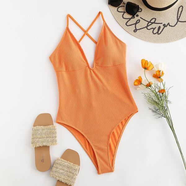 

Rib Cross Back One Piece Swimsuit, Orange