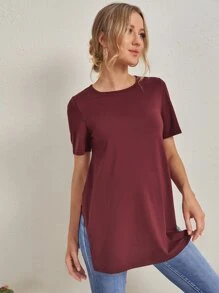 SHEIN Maternity Split Side Solid Tee - Burgundy - View 3