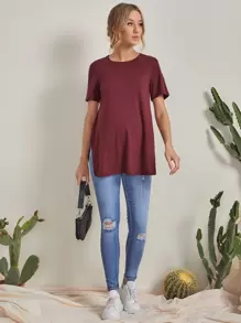 SHEIN Maternity Split Side Solid Tee - Burgundy - View 4