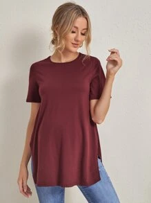 SHEIN Maternity Split Side Solid Tee - Burgundy - View 5