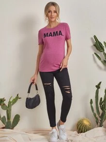 SHEIN Áo thun Bà bầu Lá thư Giải trí - Màu đỏ tím - Xem 4